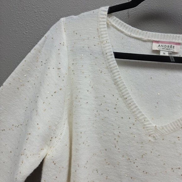 Andree By Unit Sweater Womens 1X Sequin V Neck Pullover Balloon Sleeve - Picture 2 of 8